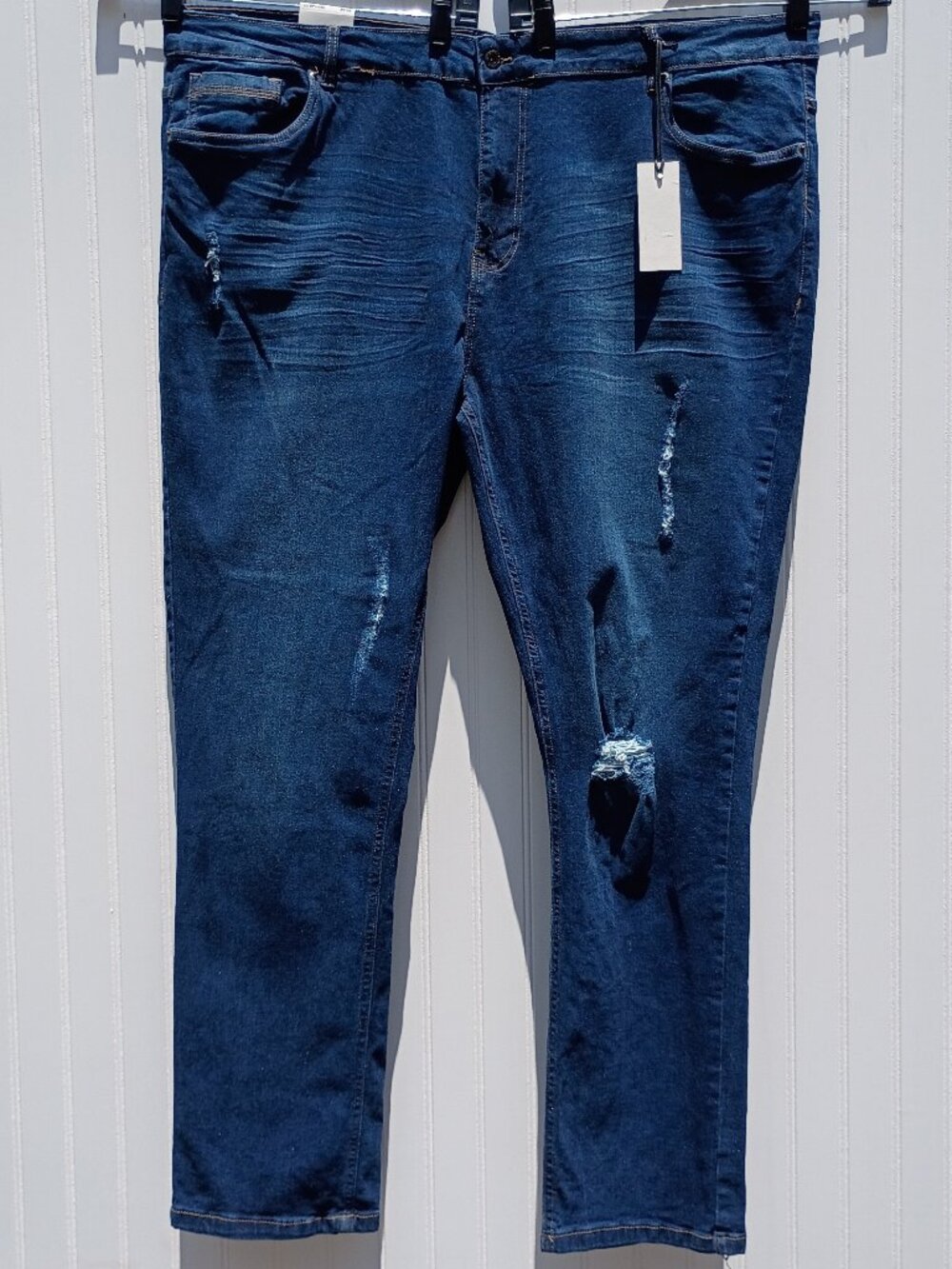 NWT Men's Kenneth Cole Reaction Blue Jeans 46 x 32 Regular Dark Ripped Stretch